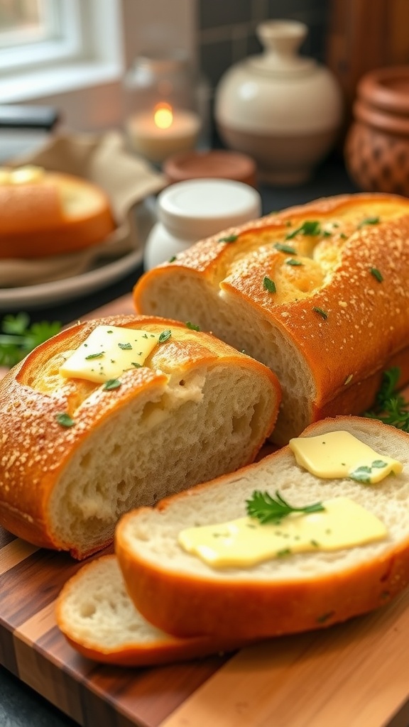 Garlic herb French bread on a wooden board, sliced with garlic butter topping and garnished with parsley.